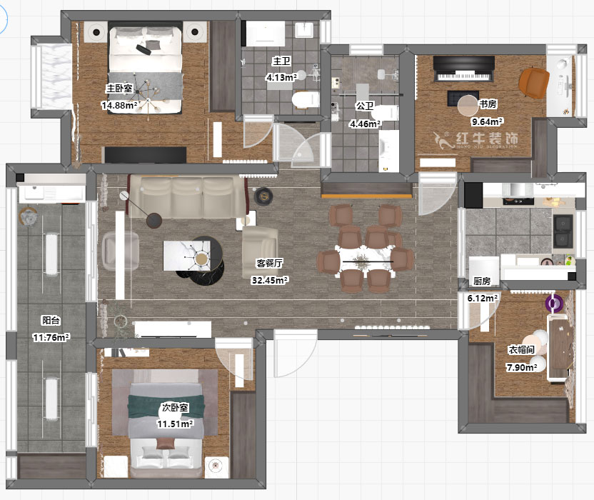 劉小勇｜復地新都國際公寓-三期20-2-1202-130㎡-現代簡約風格｜4室2廳2衛｜二手房裝修｜定制家￥142400｜全包15
