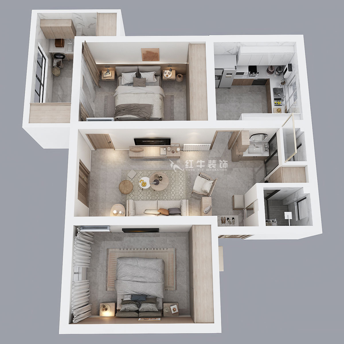 朱明琪｜有福家苑34-104-82㎡-現代簡約原木風格｜2室2廳1衛｜老房裝修｜定制家￥131000｜全包14萬｜00_04鳥瞰圖