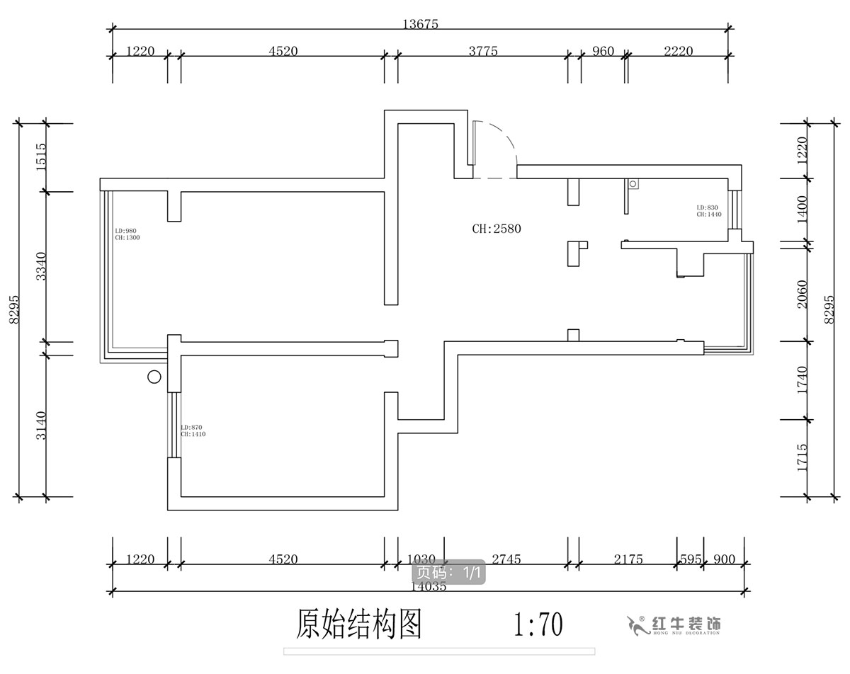 蔣琛｜安泰村21-401-80㎡-現代簡約風格｜2室1廳1衛｜舊房裝修｜定制家￥126767｜全包12萬｜00_01原始結構圖