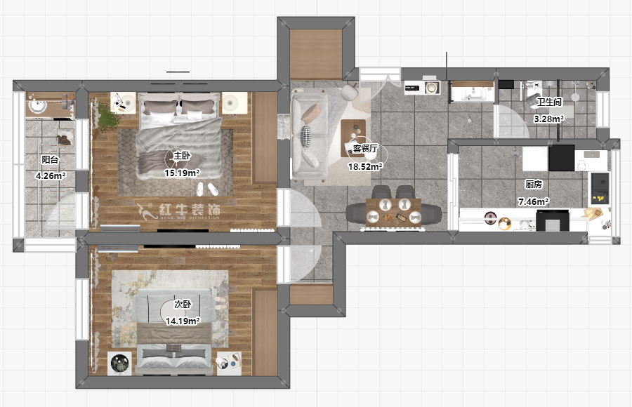 蔣琛｜安泰村21-401-80㎡-現代簡約風格｜2室1廳1衛｜舊房裝修｜定制家￥126767｜全包12萬｜00_03平面彩圖