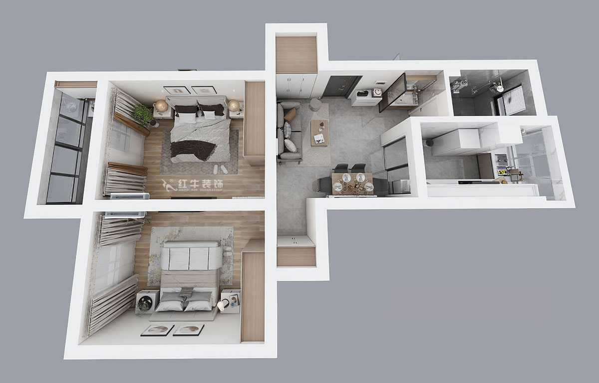 蔣琛｜安泰村21-401-80㎡-現代簡約風格｜2室1廳1衛｜舊房裝修｜定制家￥126767｜全包12萬｜00_04鳥瞰圖