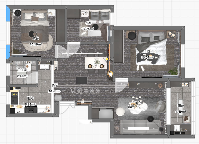 孟憲濤｜盤城新居43-2-1103-90㎡-簡約風格｜3室2廳1衛｜新房裝修｜定制家￥113156｜全包12萬｜00_03平面彩圖