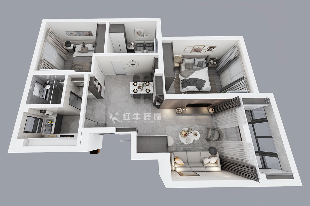 孟憲濤｜盤城新居43-2-1103-90㎡-簡約風格｜3室2廳1衛｜新房裝修｜定制家￥113156｜全包12萬｜00_04鳥瞰圖