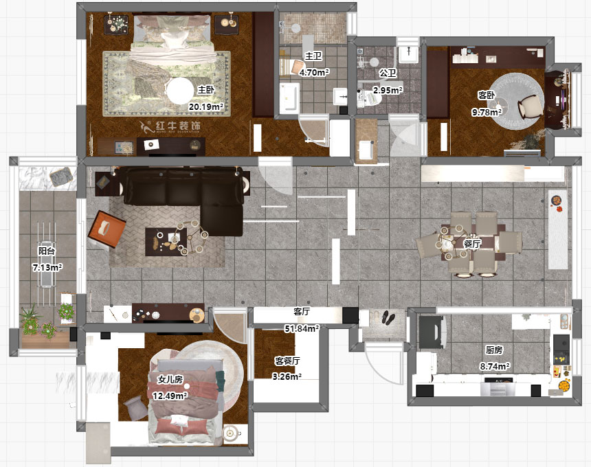 魏明花｜華府國際8-4-607-142㎡-現代簡約風格｜3室2廳2衛｜毛坯房裝修｜定制家￥210681｜全包21萬｜00_03平面彩圖