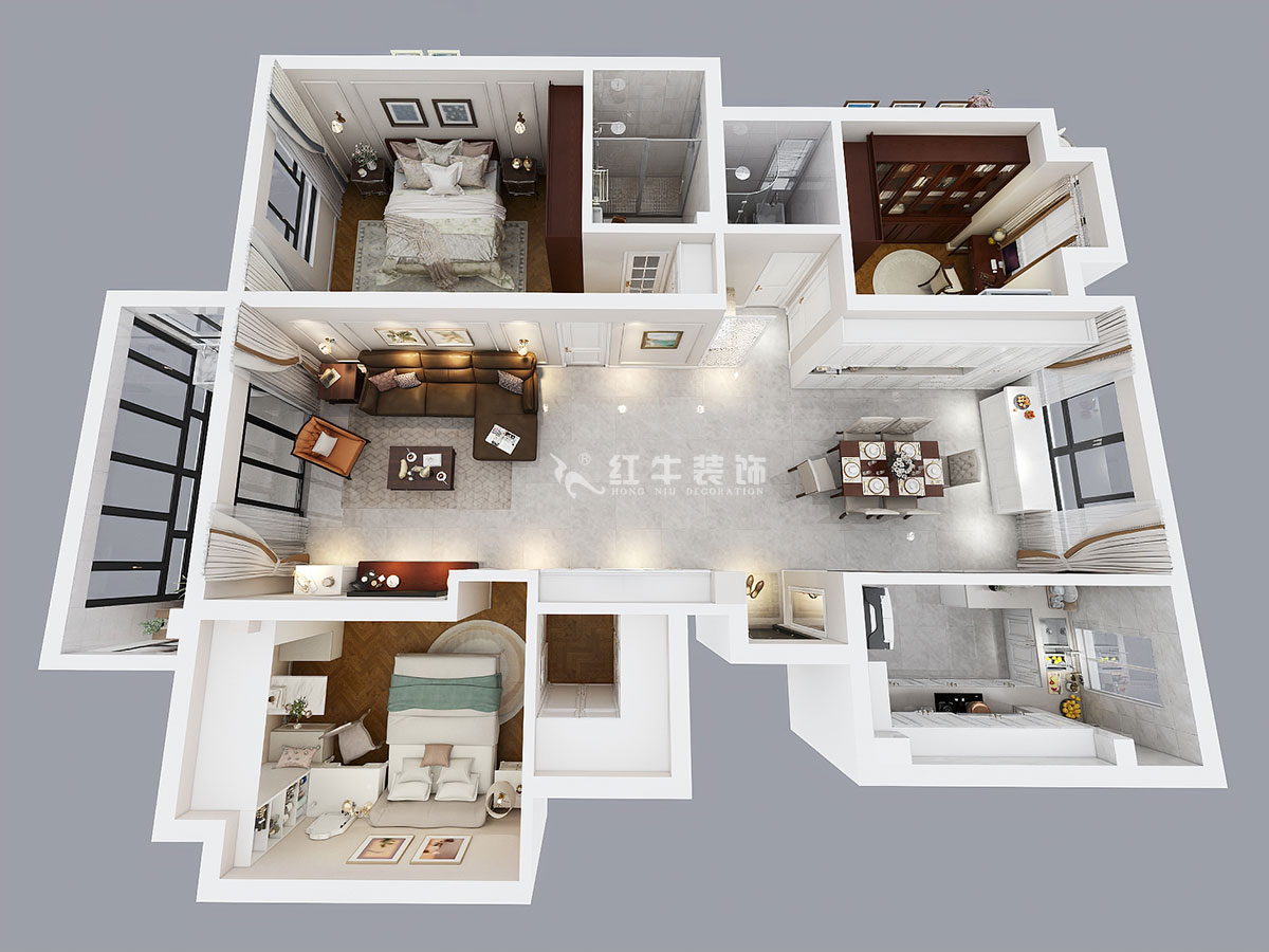 魏明花｜華府國際8-4-607-142㎡-現代簡約風格｜3室2廳2衛｜毛坯房裝修｜定制家￥210681｜全包21萬｜00_04鳥瞰圖