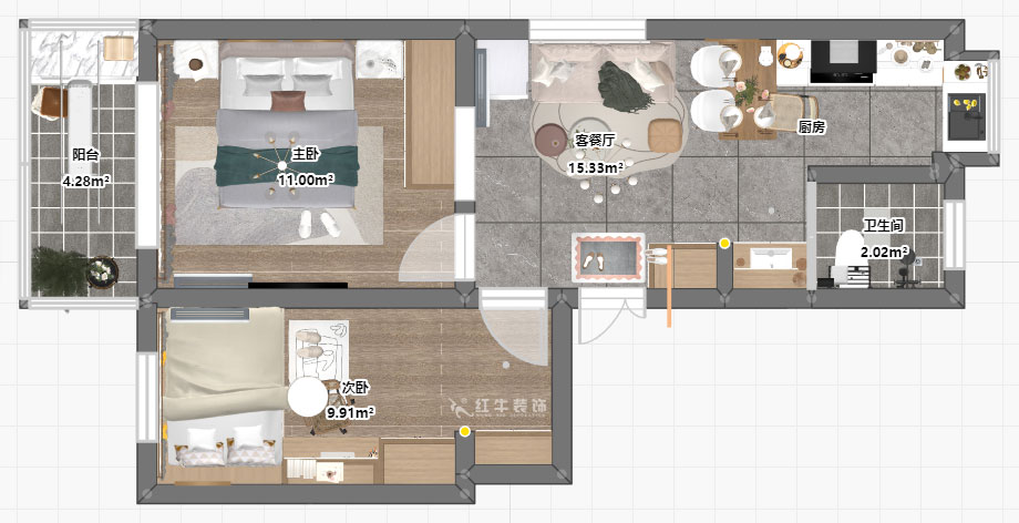 仇美蓉｜愛達花園蘭花園62-14-302-60㎡-北歐風格｜2室1廳1衛｜二手房裝修｜定制家￥83229｜全包8