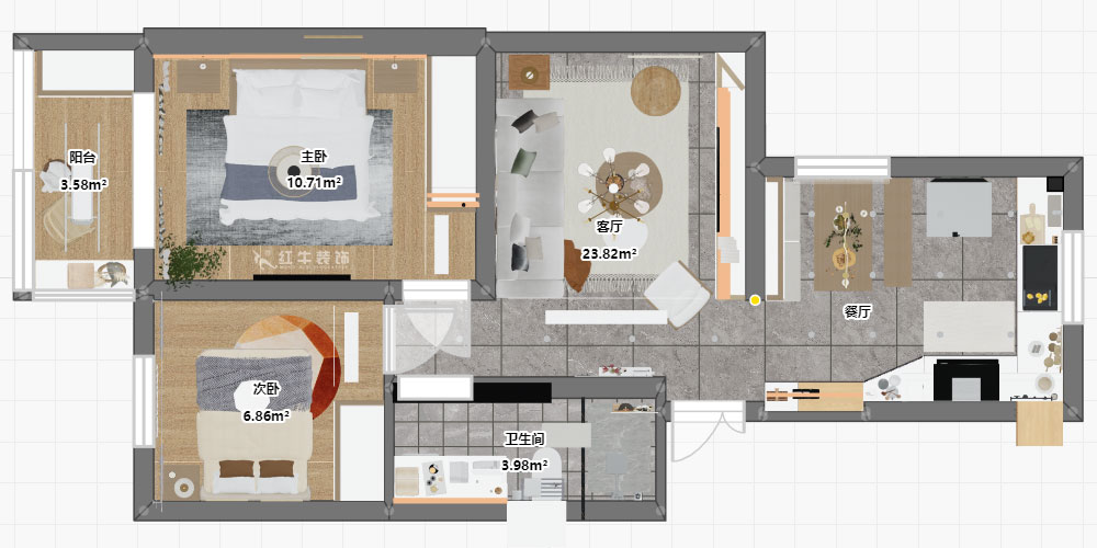 朱明琪｜富康新村8-204-63㎡-北歐原木風格｜2室2廳1衛｜老房翻新｜定制家￥112770｜全包11萬｜00_03平面彩圖