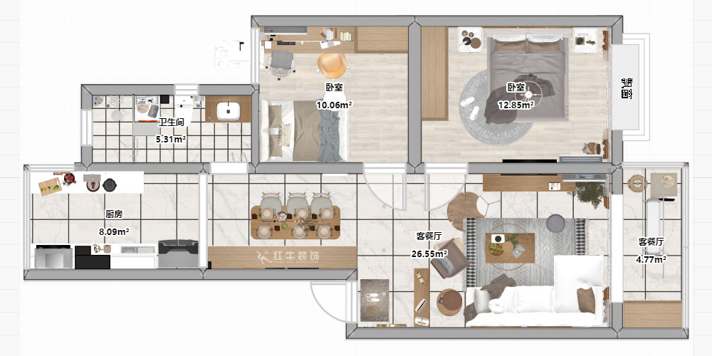 朱彥｜廣廈嘉苑9-2-203-85㎡-簡約風格｜2室2廳1衛｜老房翻新｜定制家￥120900｜全包12萬｜00_03平面彩圖