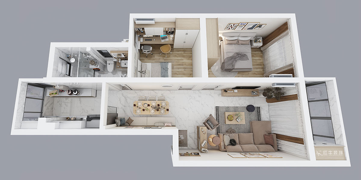 朱彥｜廣廈嘉苑9-2-203-85㎡-簡約風格｜2室2廳1衛｜老房翻新｜定制家￥120900｜全包12萬｜00_04鳥瞰圖