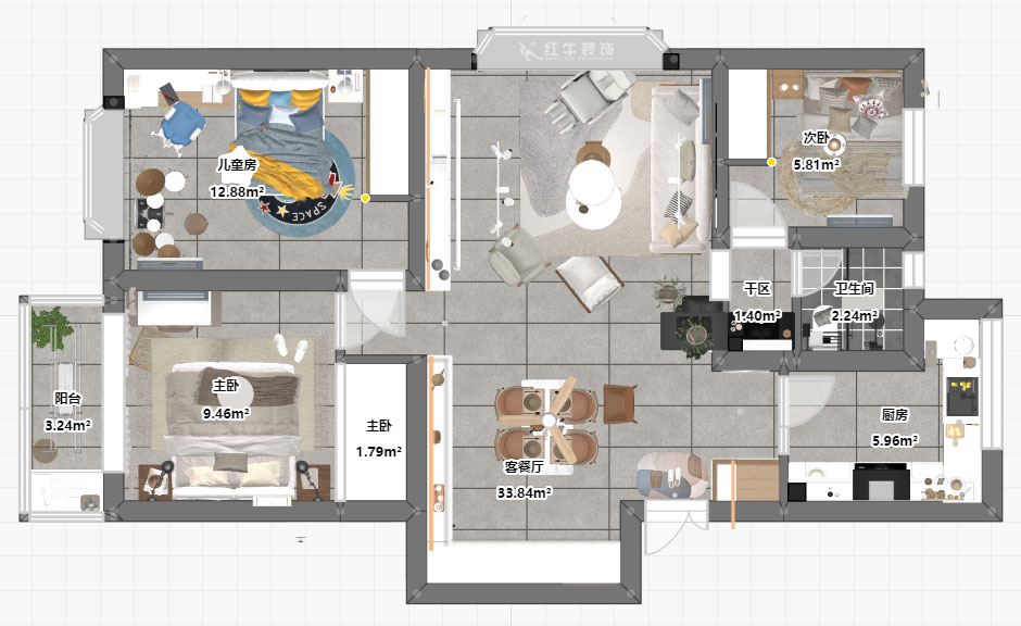 魏明花｜東寶花園12-402-96㎡-現代簡約風格｜3室2廳1衛｜二手房裝修｜定制家￥161200｜全包12