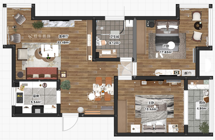 朱彥｜天潤城3街區28-1-301-95㎡-現代風格｜2室2廳1衛｜老房裝修｜定制家￥161200｜全包12萬｜00_03平面彩圖