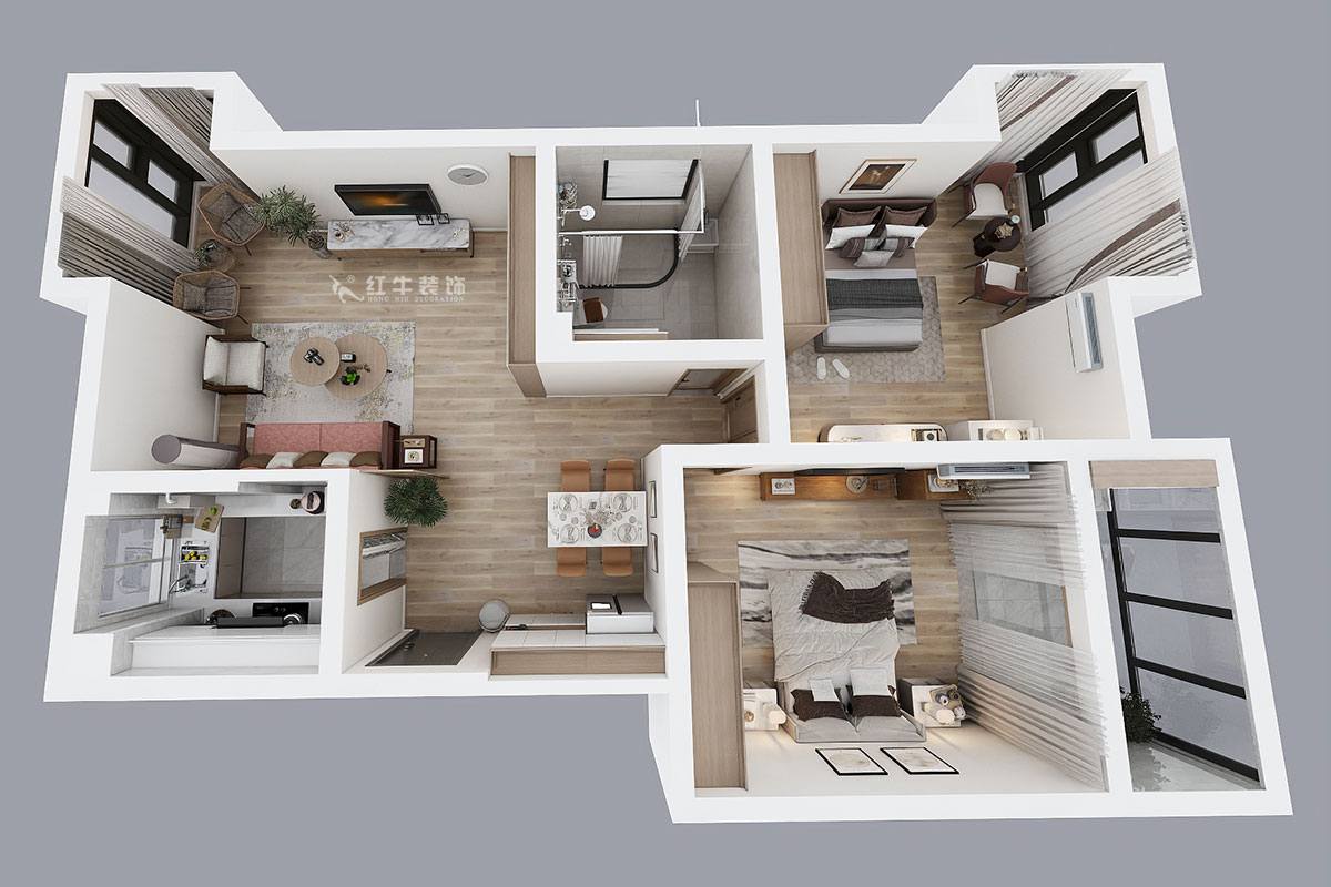 朱彥｜天潤城3街區28-1-301-95㎡-現代風格｜2室2廳1衛｜老房裝修｜定制家￥161200｜全包12萬｜00_04鳥瞰圖