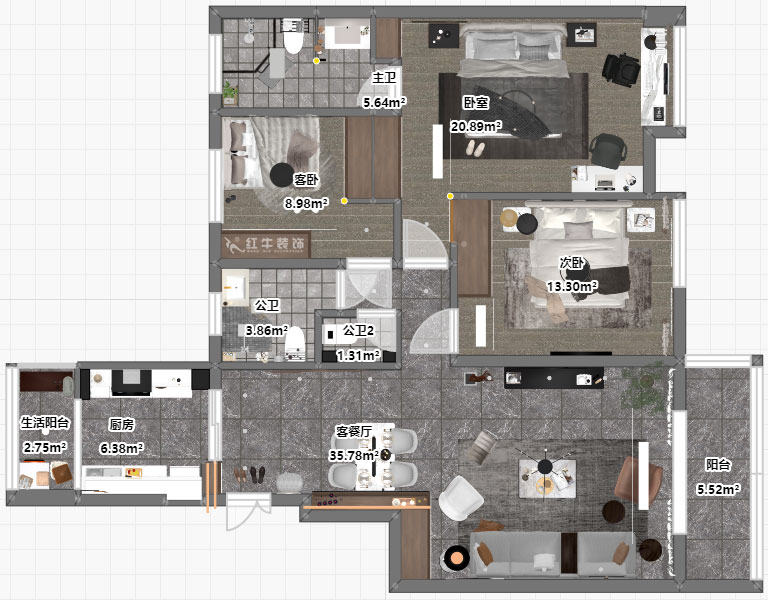 劉小勇｜武夷商城2-401-138㎡-現代風格｜3室2廳2衛｜老房裝修｜定制家￥180000｜全包18