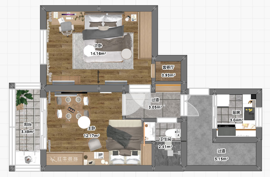 賈庭｜木匠營123號605室-50㎡-現代風格｜2室0廳1廚1衛｜老房裝修｜定制家￥83400｜全包8
