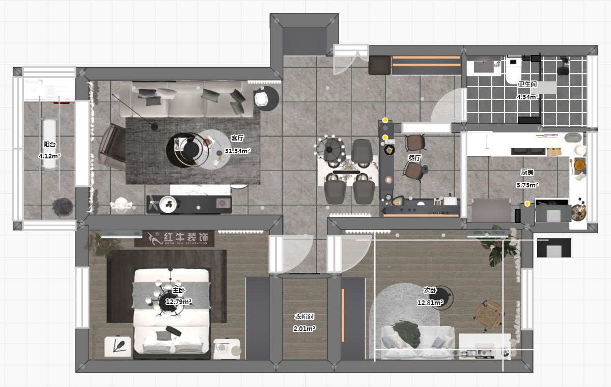 蔣琛｜天福園43-401-90㎡-現代簡約風格｜2室1廳1衛｜舊房裝修｜定制家￥122757｜全包12萬｜00_03平面彩圖