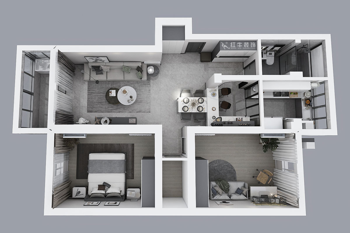 蔣琛｜天福園43-401-90㎡-現代簡約風格｜2室1廳1衛｜舊房裝修｜定制家￥122757｜全包12萬｜00_04鳥瞰圖