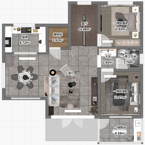 劉小勇｜酈湖美墅90-102-190㎡-現代風格｜4室2廳3衛｜新房裝修｜定制家￥288000｜全包33萬｜00_05一樓平面彩圖