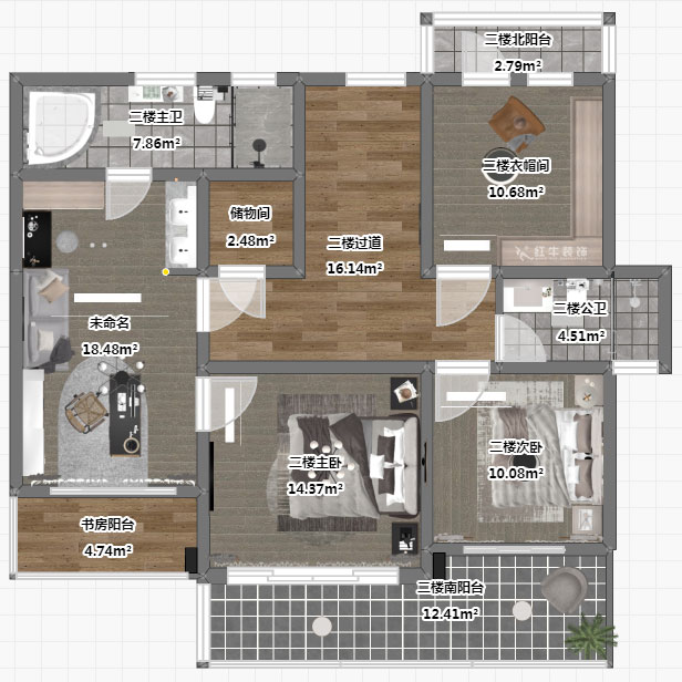 劉小勇｜酈湖美墅90-102-190㎡-現代風格｜4室2廳3衛｜新房裝修｜定制家￥288000｜全包33萬｜00_06二樓平面彩圖