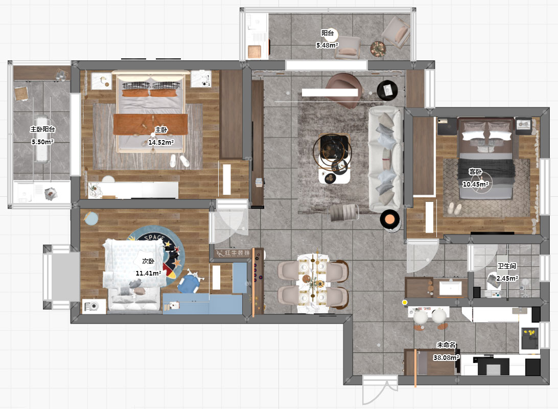 孟憲濤｜七彩星城2-2406-120㎡-簡約風格｜3室1廳1衛｜老房裝修｜定制家￥160000｜全包16萬｜00_03平面彩圖