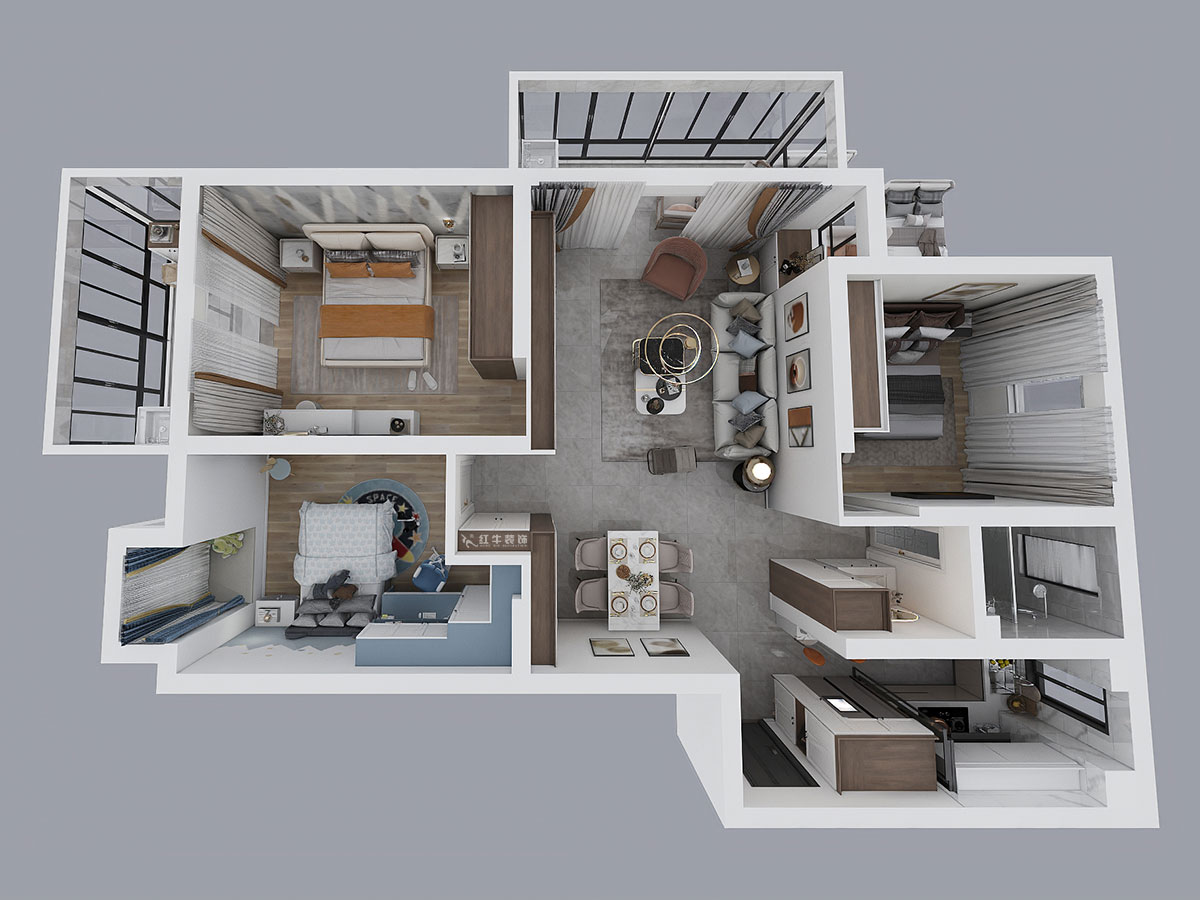 孟憲濤｜七彩星城2-2406-120㎡-簡約風格｜3室1廳1衛｜老房裝修｜定制家￥160000｜全包16萬｜00_04鳥瞰圖