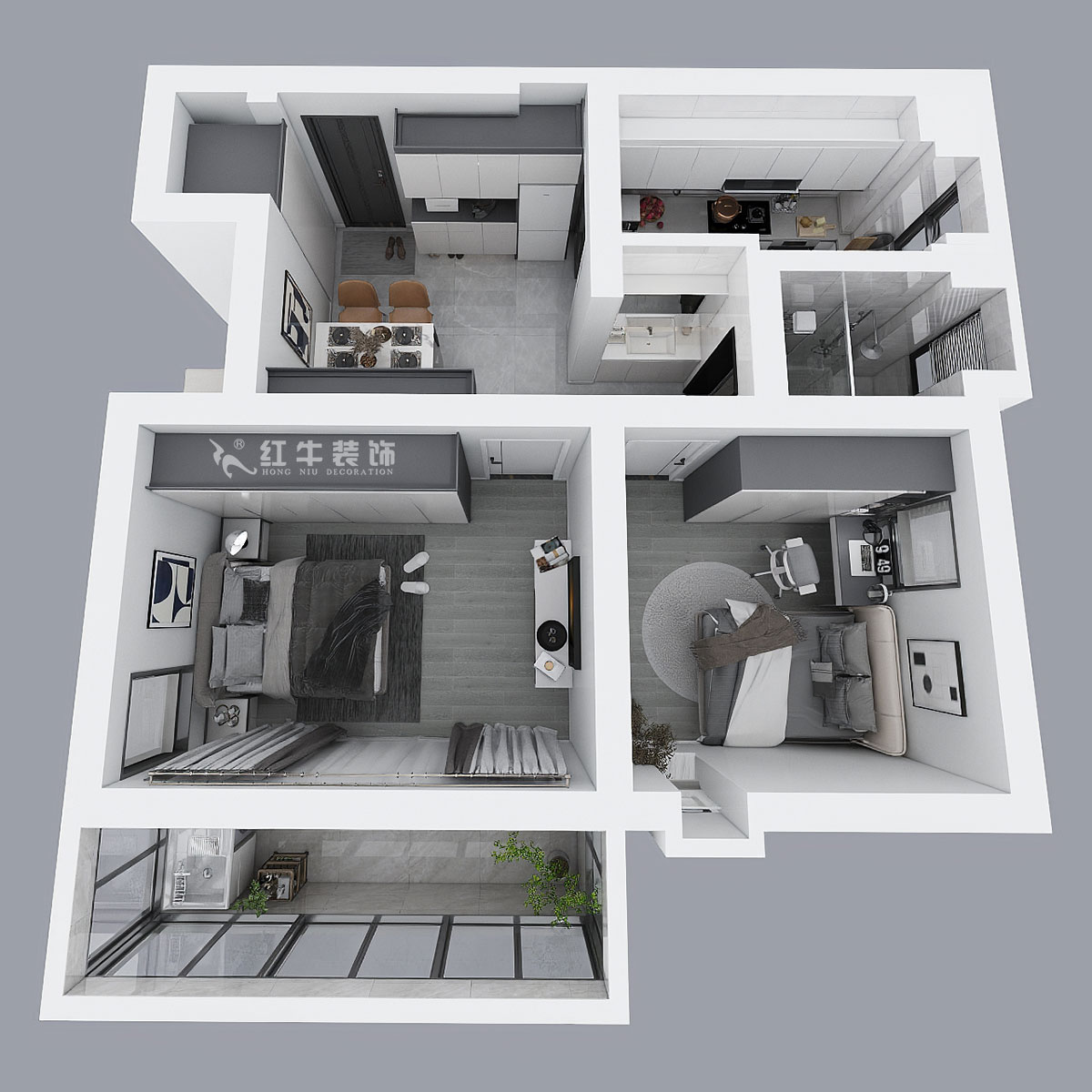 蔣琛｜公園路44號(hào)小區(qū)3-204-60㎡-現(xiàn)代簡(jiǎn)約風(fēng)格｜2室1廳1衛(wèi)｜舊房裝修｜定制家｜全包10萬｜00_04鳥瞰圖