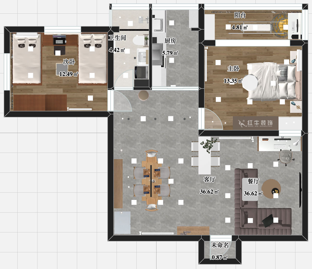張智猿｜申家巷48號706-100㎡-現代風格｜2室2廳1衛｜老房裝修｜定制家￥94813｜全包10萬｜00_03平面彩圖