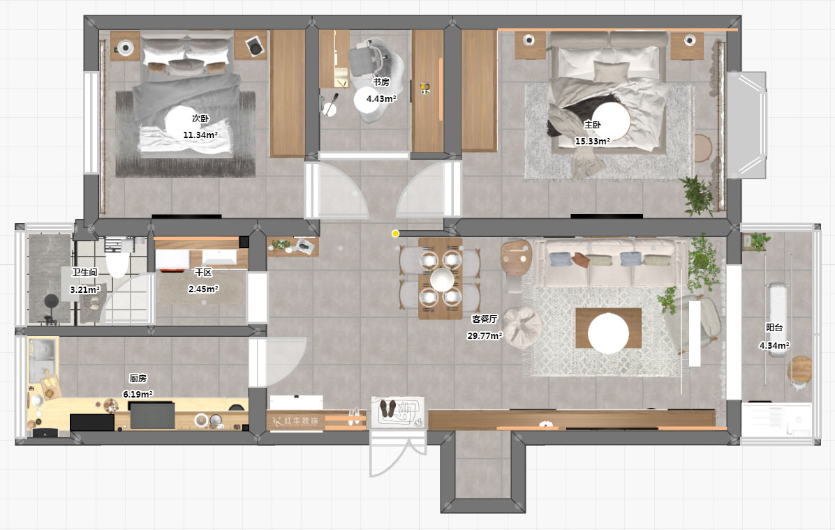 朱彥｜華陽佳園華清苑109-201-98㎡-北歐風格｜2室2廳1衛｜老房裝修｜定制家｜全包12萬｜00_03平面彩圖