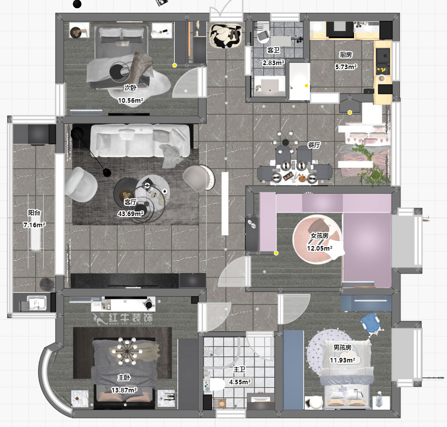 蔣琛｜明發濱江新城3期332-2501-130㎡-現代簡約風格｜4室2廳2衛｜舊房裝修｜定制家￥135120｜全包17萬｜00_03平面彩圖