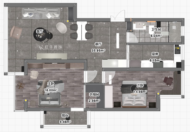 蔣琛｜紫鑫中華廣場11-601-110㎡-現代簡約風格｜2室2廳1衛｜舊房裝修｜定制家￥140400｜全包15萬｜00_03平面彩圖