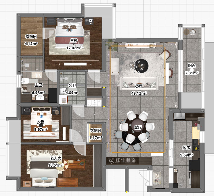 蔣琛｜京隆名爵府-2-1-301-160㎡-中式風(fēng)格｜3室2廳2衛(wèi)｜舊房裝修｜定制家｜全包22萬｜00_03平面彩圖