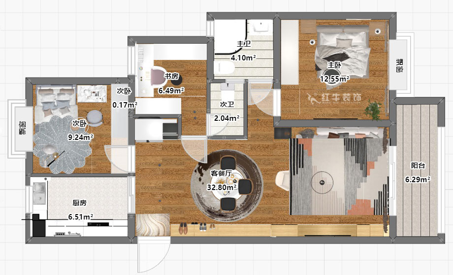 朱彥｜威尼斯水城十八街區6-1505-115㎡-簡約風格｜3室2廳2衛｜新房裝修｜定制家￥150000｜全包15萬｜00_03平面彩圖