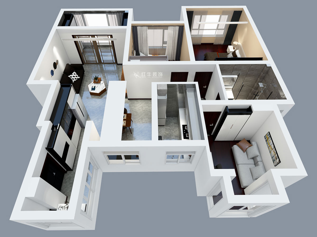 張智猿｜弘陽上院19-504-110㎡-現代風格｜3室2廳1衛｜新房裝修｜定制家￥100902｜全包14萬｜00_04鳥瞰圖