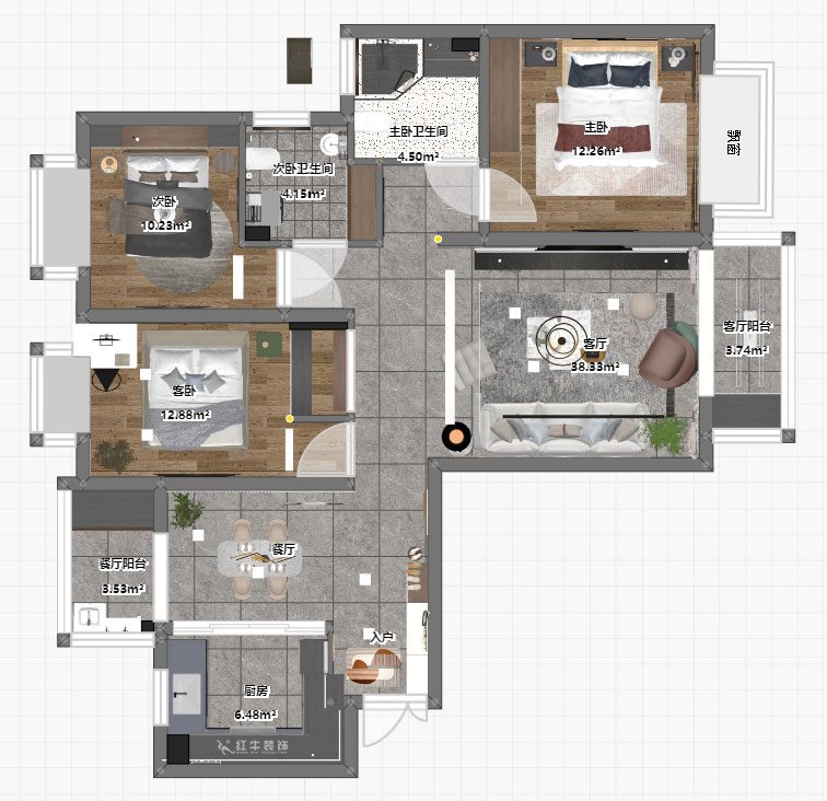 朱明琪｜海德北岸17-1-1401-120㎡-簡約風格｜3室2廳2衛｜新房裝修｜定制家￥185496｜全包17萬｜00_03平面彩圖