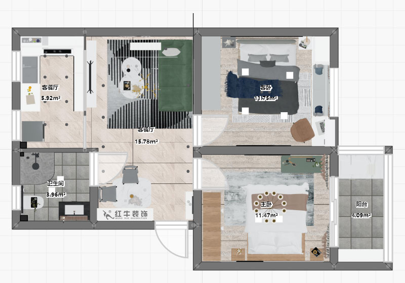 朱明琪｜旭光里57-4-407-69㎡-現代簡約風格｜2室2廳1衛(wèi)｜老房翻新｜定制家￥113520｜全包11萬｜00_03平面彩圖