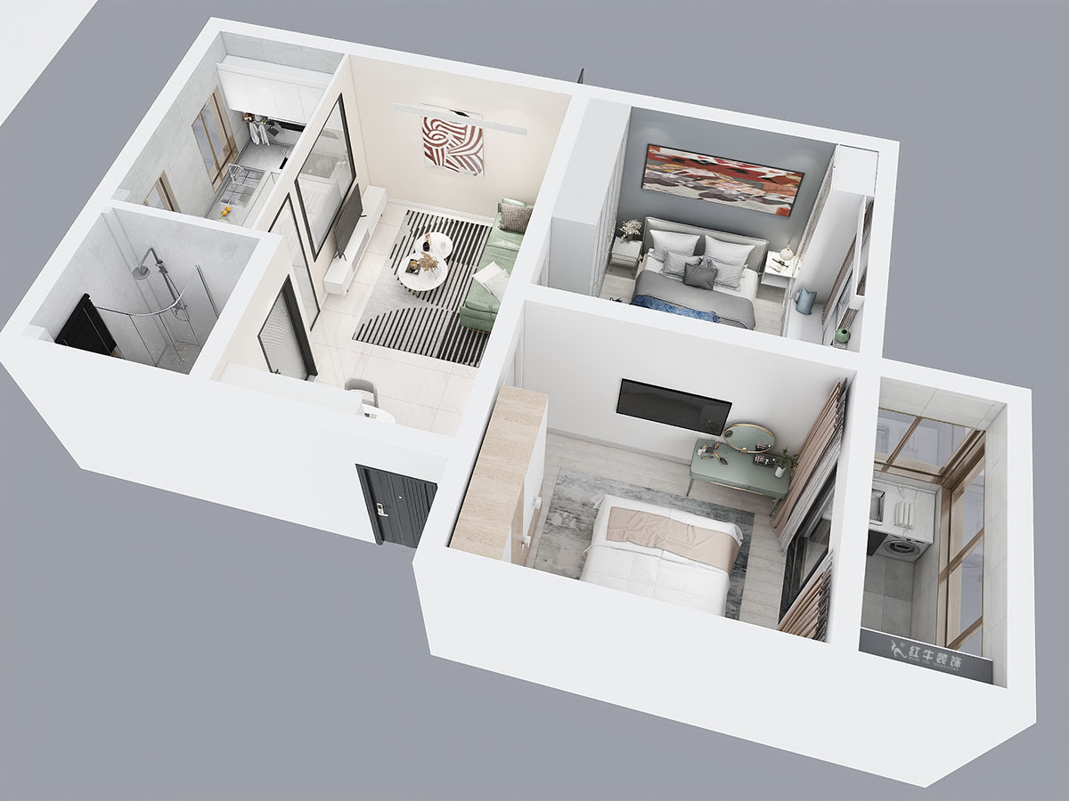 朱明琪｜旭光里57-4-407-69㎡-現代簡約風格｜2室2廳1衛(wèi)｜老房翻新｜定制家￥113520｜全包11萬｜00_04鳥瞰圖