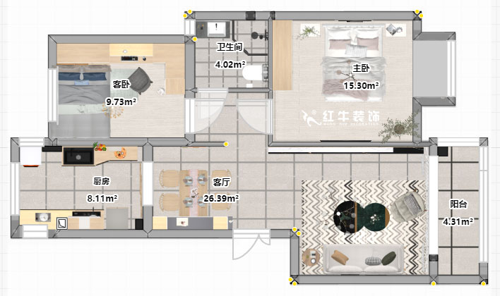 朱明琪｜遠拓橡樹城12-3-505-85㎡-現代簡約風格｜3室2廳1衛｜新房裝修｜定制家￥120106｜全包12萬｜00_03平面彩圖