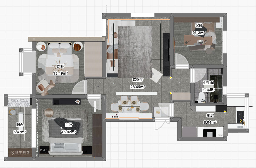 朱明琪｜亞都天元居9-1004-113㎡-現代簡約風格｜3室1廳1衛｜老房翻新｜定制家￥161800｜全包15萬｜00_04平面彩圖