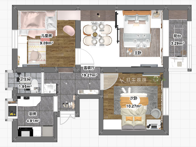孟憲濤｜峨嵋嶺12號5-403-64㎡-現代簡約風格｜3室1廳1衛｜新房裝修｜定制家￥88600｜全包10萬｜00_03平面彩圖