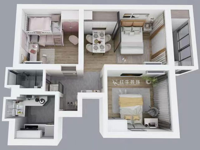 孟憲濤｜峨嵋嶺12號5-403-64㎡-現代簡約風格｜3室1廳1衛｜新房裝修｜定制家￥88600｜全包10萬｜00_04鳥瞰圖