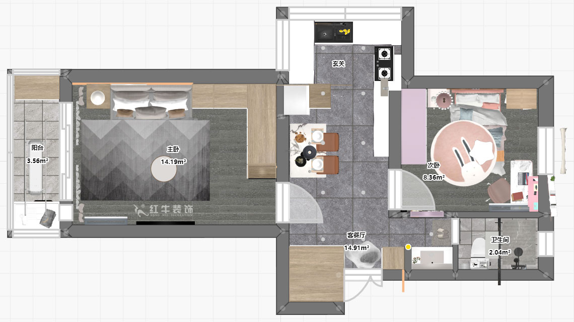 朱明琪｜廳后街寧中里2-3-606-57㎡-現代簡約風格｜2室2廳1衛｜老房裝修｜定制家￥101015｜全包10萬｜00_04平面彩圖