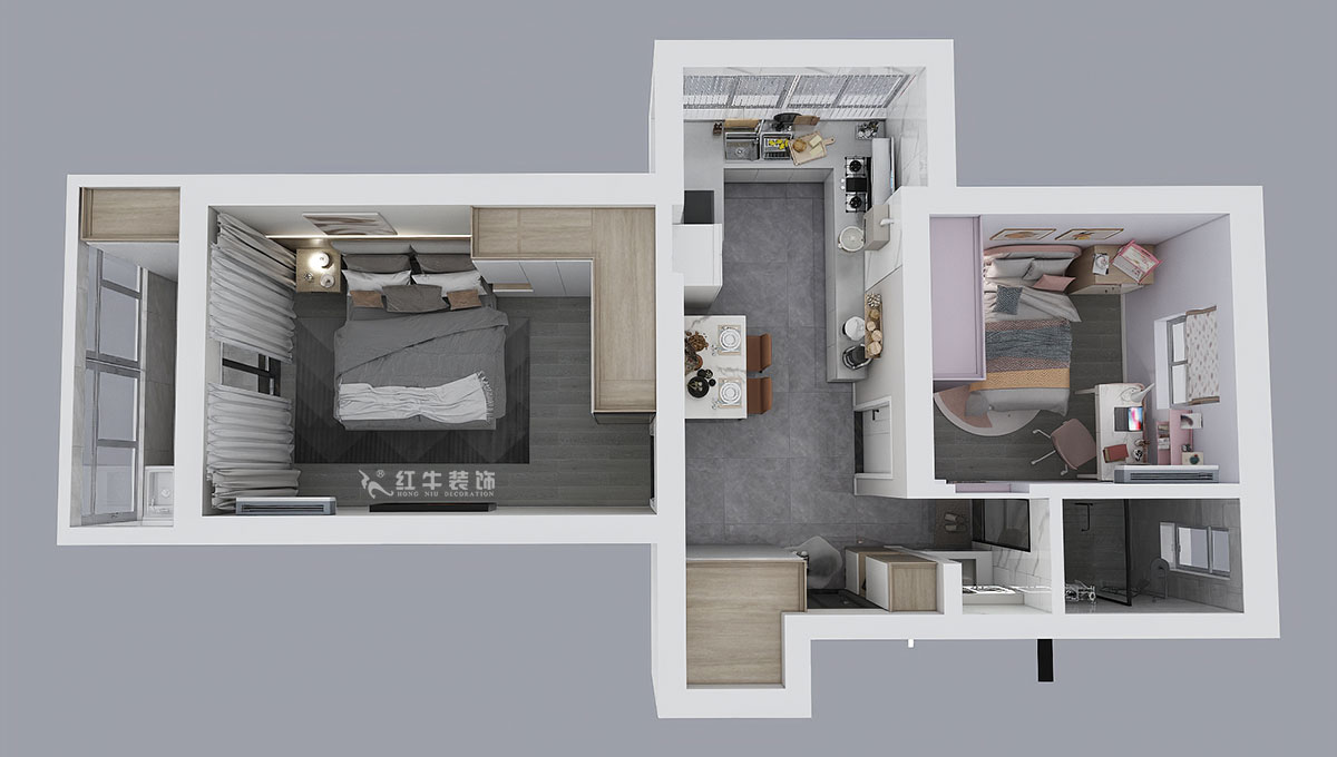 朱明琪｜廳后街寧中里2-3-606-57㎡-現代簡約風格｜2室2廳1衛｜老房裝修｜定制家￥101015｜全包10萬｜00_05鳥瞰圖