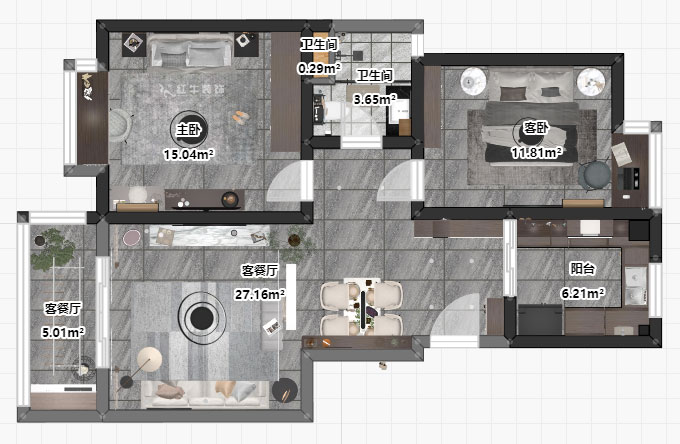 吳波｜亞東國際13-105-90㎡-現代風格｜2室2廳2衛｜舊房裝修｜定制家￥114404｜全包12萬｜00_03平面彩圖