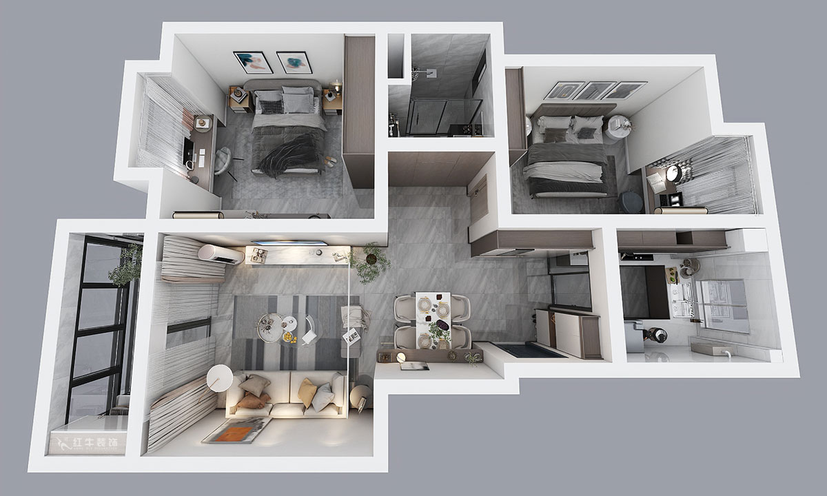吳波｜亞東國際13-105-90㎡-現代風格｜2室2廳2衛｜舊房裝修｜定制家￥114404｜全包12萬｜00_04鳥瞰圖