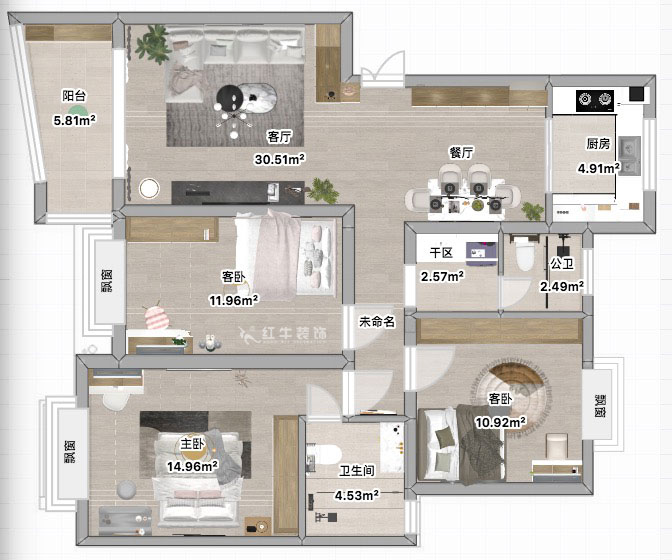 蔣琛｜三金福邸7-405-110㎡-現代簡約風格｜2室2廳2衛｜新房裝修｜定制家｜全包15萬｜00_04平面彩圖