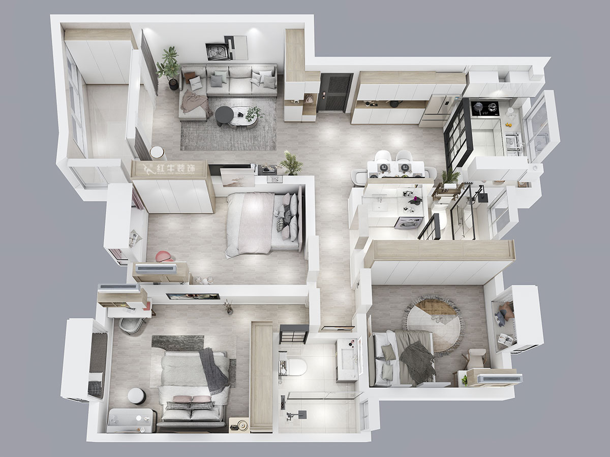 蔣琛｜三金福邸7-405-110㎡-現代簡約風格｜2室2廳2衛｜新房裝修｜定制家｜全包15萬｜00_05鳥瞰圖