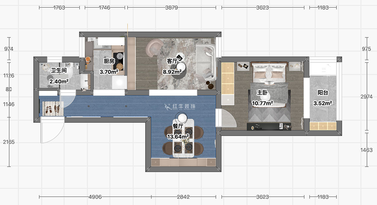 顧娟｜高樓門37-303-60㎡-現代風格｜1室2廳1衛｜舊房裝修｜定制家￥90700｜全包11萬｜00_03平面彩圖