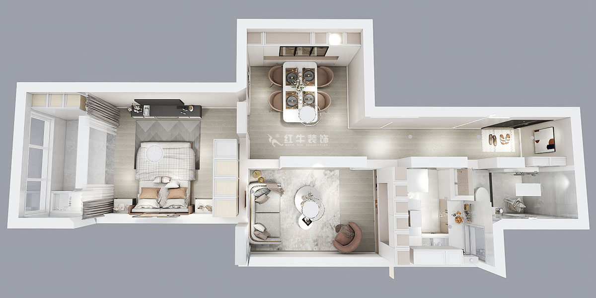 顧娟｜高樓門37-303-60㎡-現代風格｜1室2廳1衛｜舊房裝修｜定制家￥90700｜全包11萬｜00_04鳥瞰圖