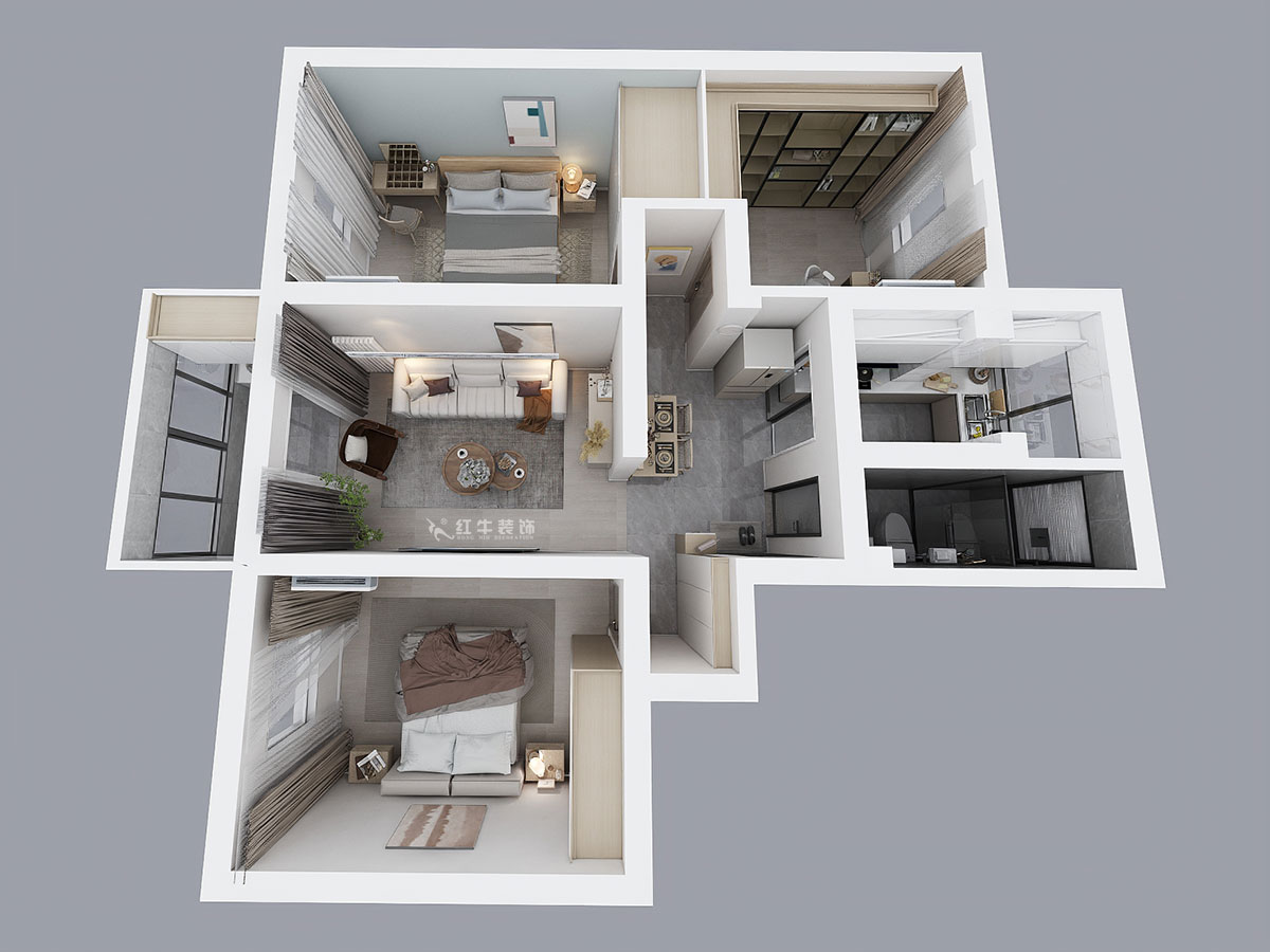 魏明花｜五條巷3號(hào)502室-98㎡-現(xiàn)代簡(jiǎn)約風(fēng)格｜3室2廳1衛(wèi)｜二手房裝修｜定制家￥135762｜全包13萬｜00_04鳥瞰圖