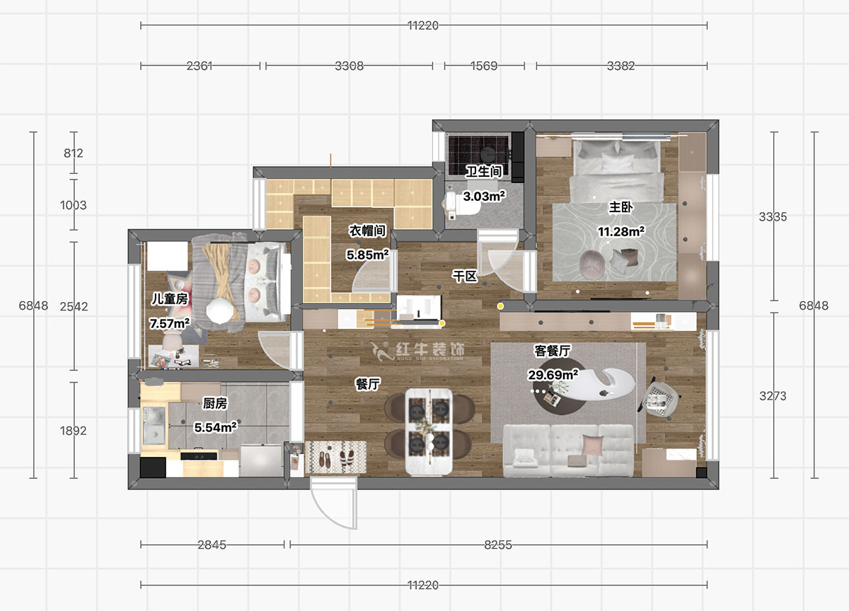 顧娟｜中南世紀雅苑1-2-3205-95㎡-現代風格｜3室2廳1衛｜新房裝修｜定制家￥103900｜全包12