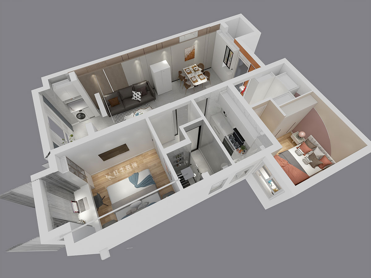 張智猿｜華山山莊4-1102-89㎡-現代風格｜2室2廳1衛｜老房裝修｜定制家￥130859｜全包14萬｜00_05鳥瞰圖